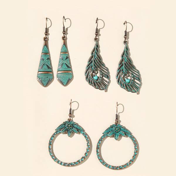 

3pairs Hollow Out Drop Earrings, Green