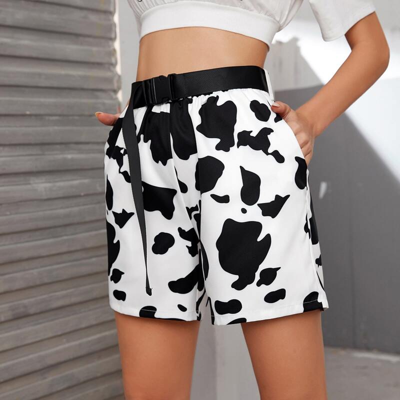 

Cow Print Shorts With Buckle Belt, White