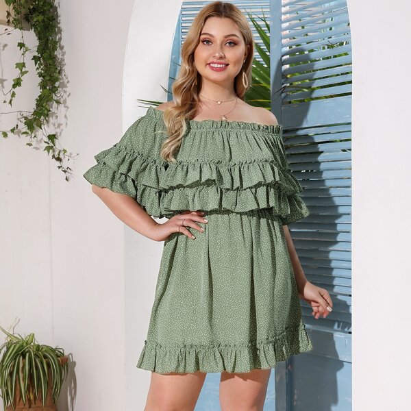 

Plus Confetti Print Tiered Layer Bardot Dress, Mint green
