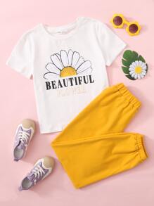 SHEIN Girls Floral and Letter Print Top & Trousers Set - Multicolor - View 1