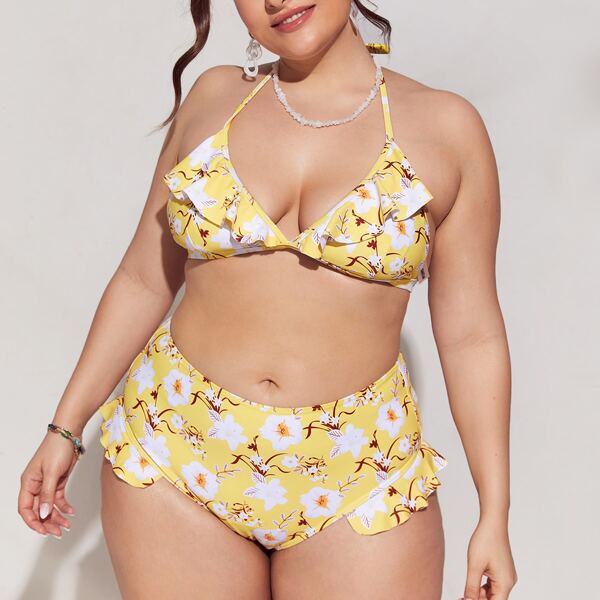 

Plus Floral Ruffle Halter Bikini Swimsuit, Yellow