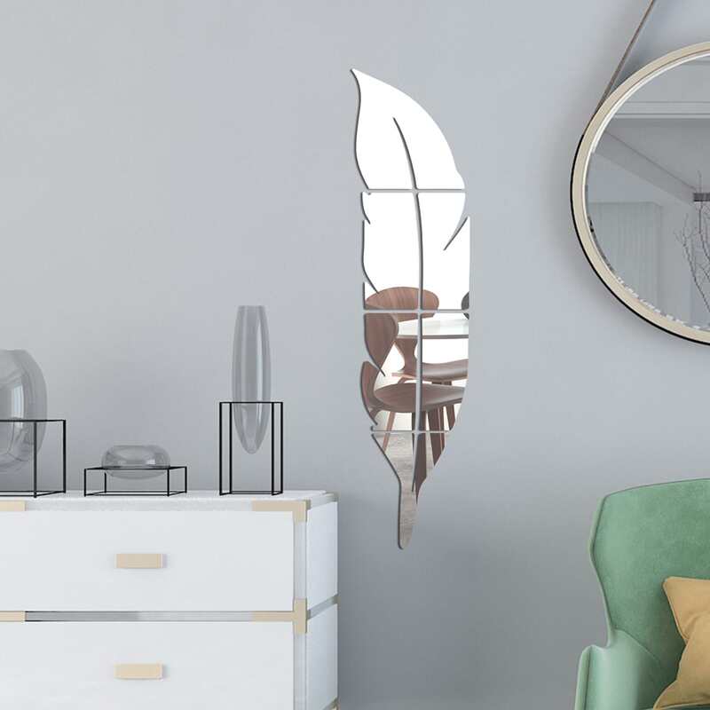 

6pcs Feather Mirror Surface Wall Sticker, Silver