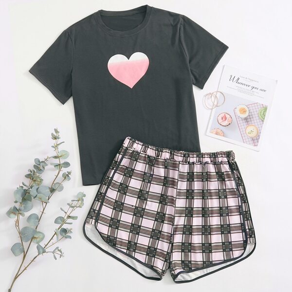 

Plus Heart Print Tee & Plaid Shorts, Multicolor