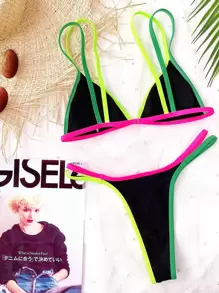 對比綁定三角形丁字褲比基尼套裝，適合夏季海灘 - 黑色 - 查看 2