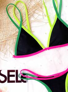 對比綁定三角形丁字褲比基尼套裝，適合夏季海灘 - 黑色 - 查看 3