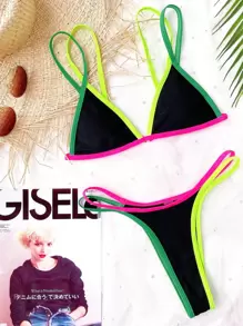 對比綁定三角形丁字褲比基尼套裝，適合夏季海灘 - 黑色 - 查看 4