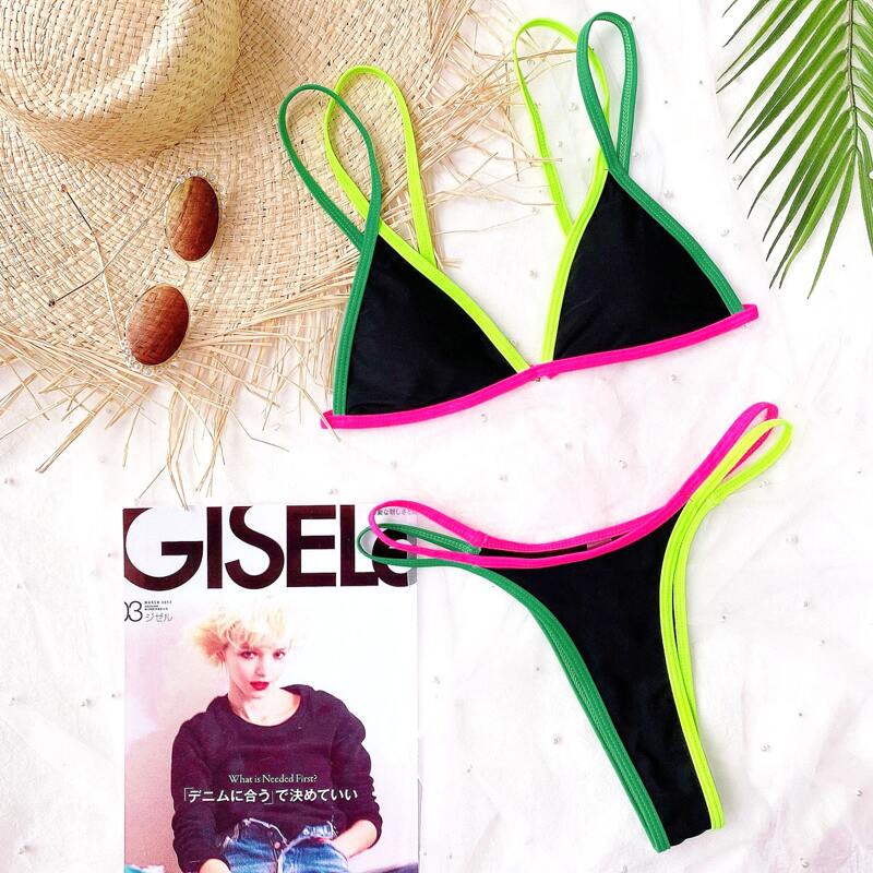 

Contrast Binding Triangle Thong Bikini Swimsuit, Black