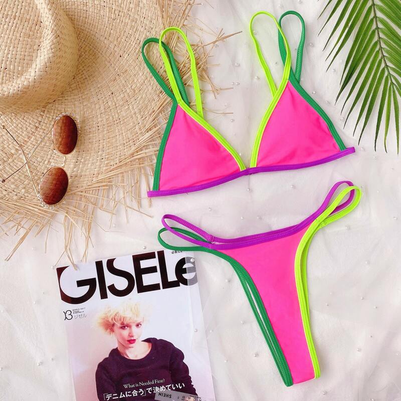 

Contrast Binding Triangle Thong Bikini Swimsuit, Hot pink bright