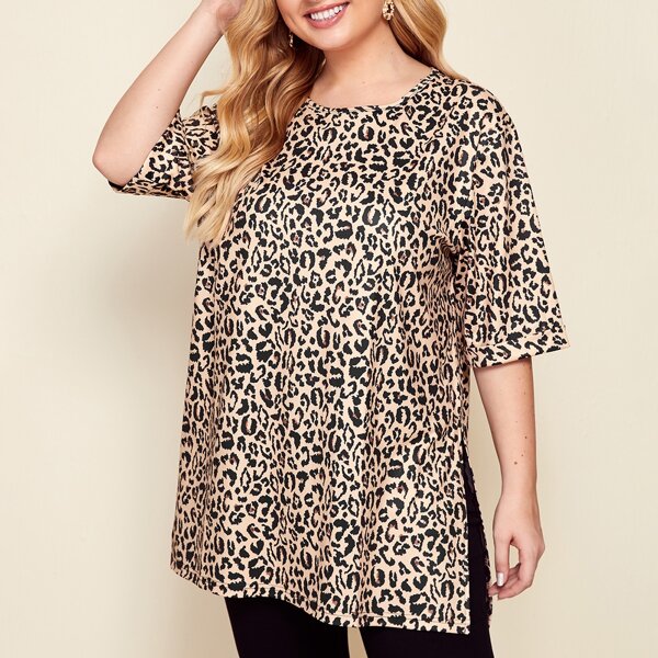 

Plus Leopard Print Split Hem Tee, Multicolor