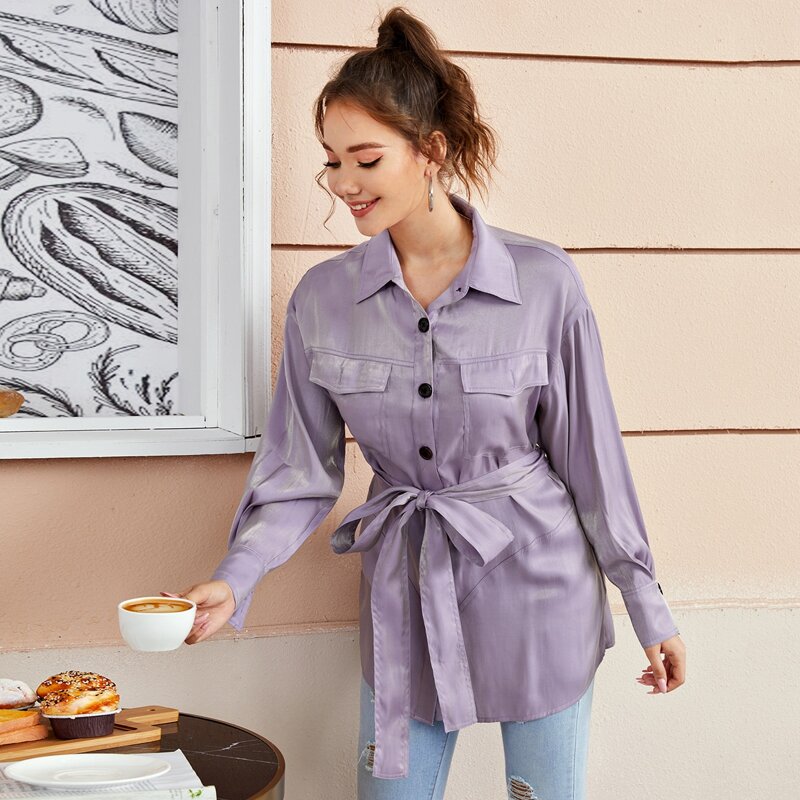 

Drop Shoulder Flap Pocket Belted Coat, Mauve purple