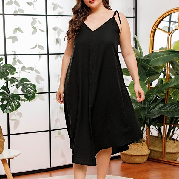 

Plus Solid Tie Shoulder Slip Dress, Black