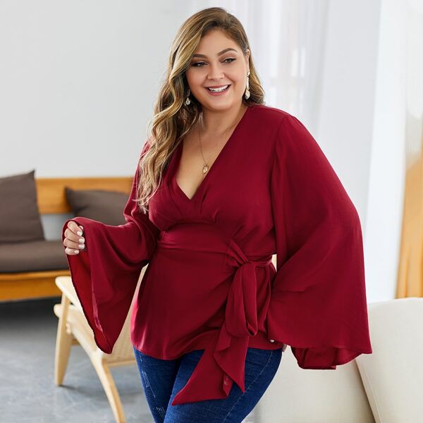 

Plus Flounce Sleeve Tie Side Top, Burgundy