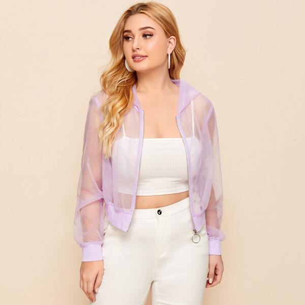 

Plus Zipper Placket Sheer Organza Jacket, Pastel lilac purple