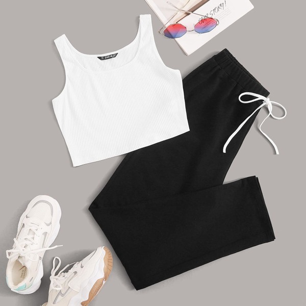 

Plus Rib-knit Tank Top & Tie Waist Leggings Set, Black and white