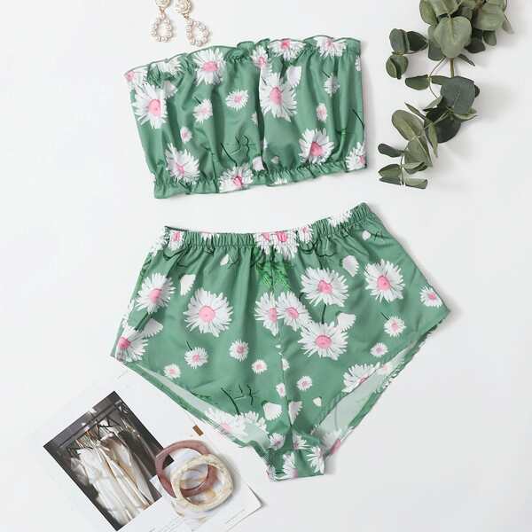 

Daisy Floral Tube Top & Shorts Satin PJ Set, Green