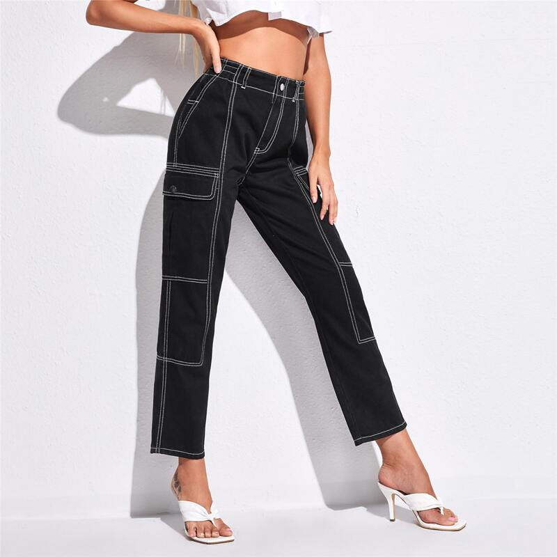 

High Waisted Slant Pocket Striped Jeans, Black