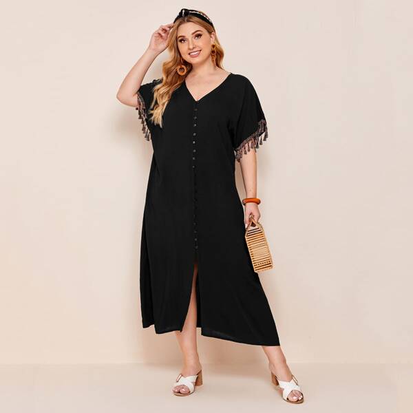 

Plus Button Front Tassel Cuff Dress, Black
