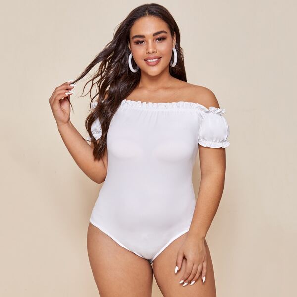 

Plus Off Shoulder Frill Trim Bodysuit, White