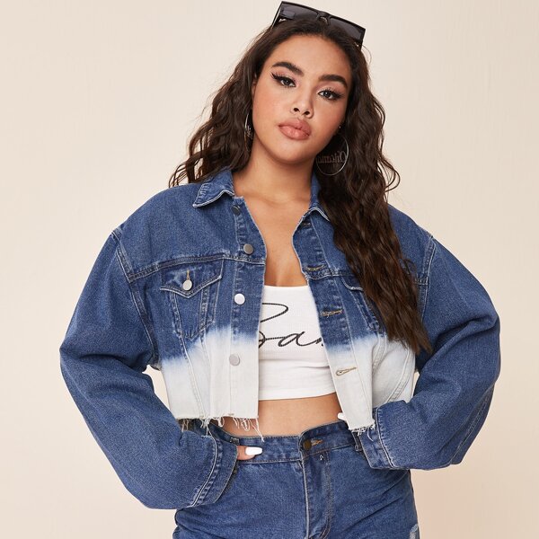 

Plus Raw Hem Color Block Denim Jacket, Dark wash