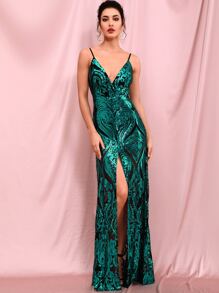 LOVE&LEMONADE Backless Split Thigh Sequin Prom Dress - Dark Green - View 1