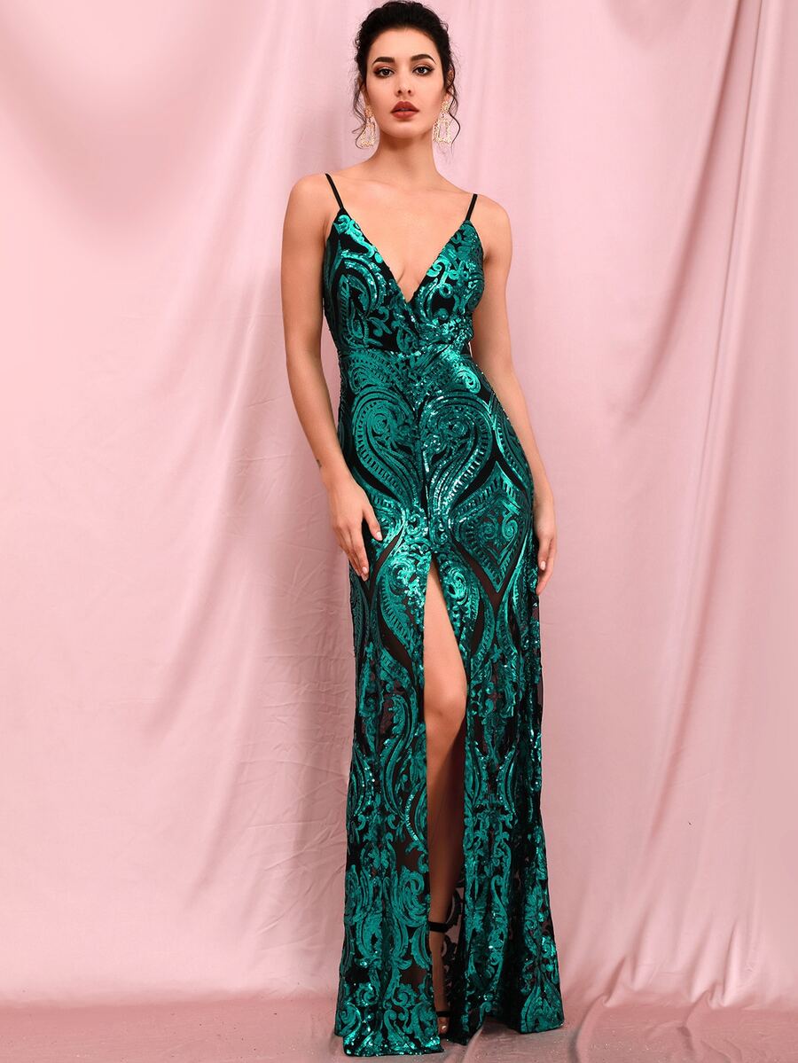 LOVE&LEMONADE Backless Split Thigh Sequin Prom Dress - Dark Green - View 1