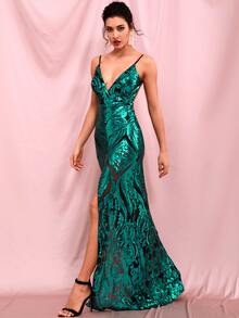 LOVE&LEMONADE Backless Split Thigh Sequin Prom Dress - Dark Green - View 5