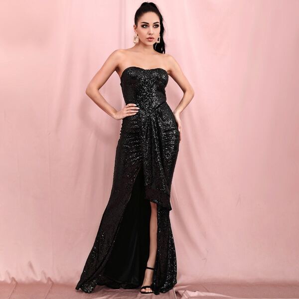 

Split Thigh Draped Detail Sequin Prom Dress, Black