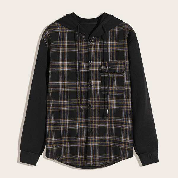 

Men Button Up Plaid Hooded Jacket, Multicolor
