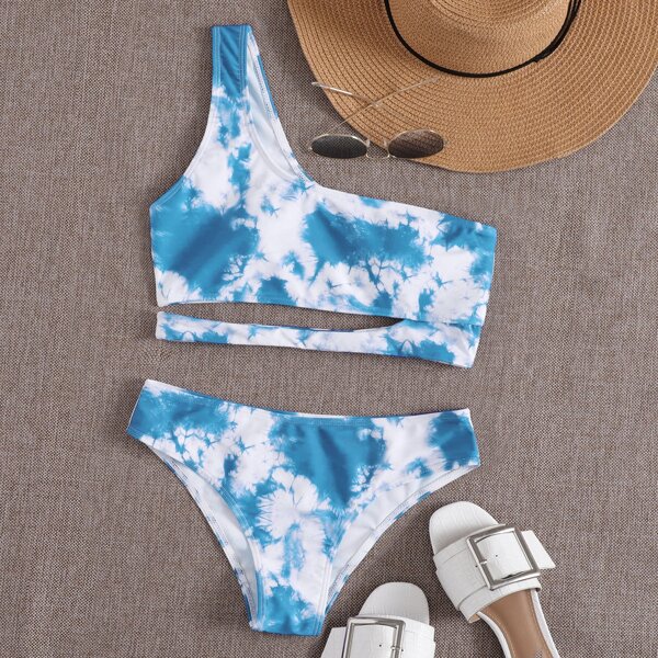

Tie Dye Cut-out One Shoulder Bikini Swimsuit, Blue and white