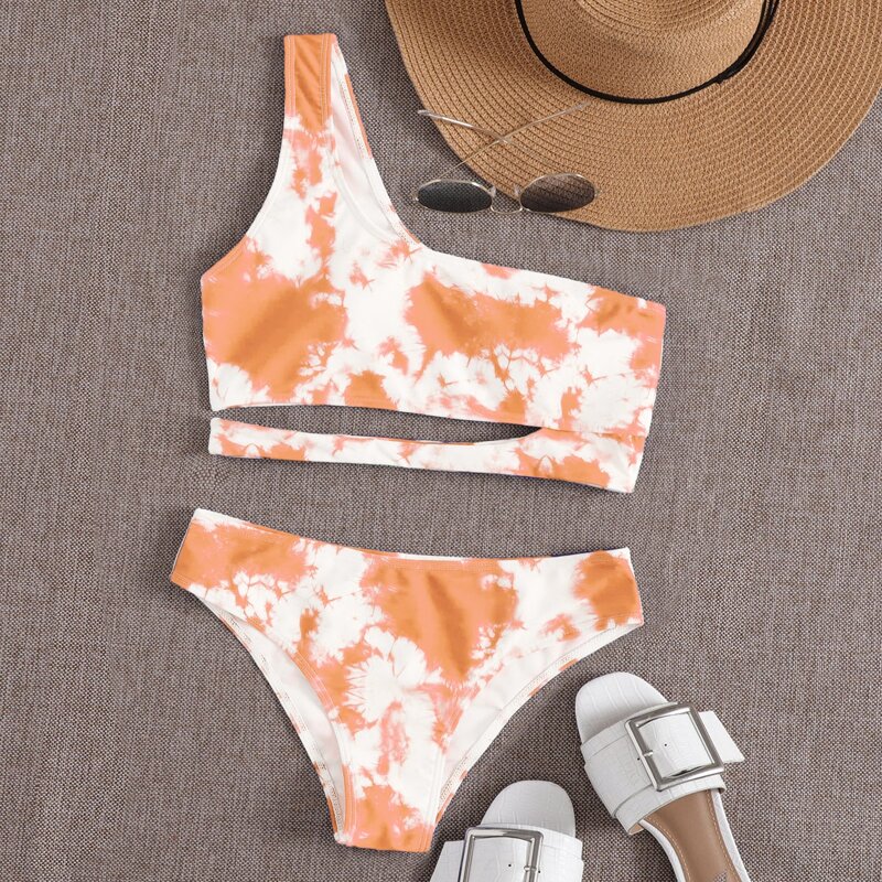 

Tie Dye Cut-out One Shoulder Bikini Swimsuit, Orange