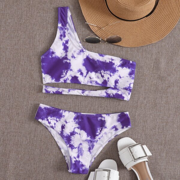

Tie Dye Cut-out One Shoulder Bikini Swimsuit, Violet purple