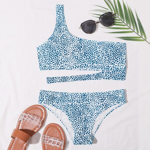 

Dalmatian Cut-out One Shoulder Bikini Swimsuit, Blue and white
