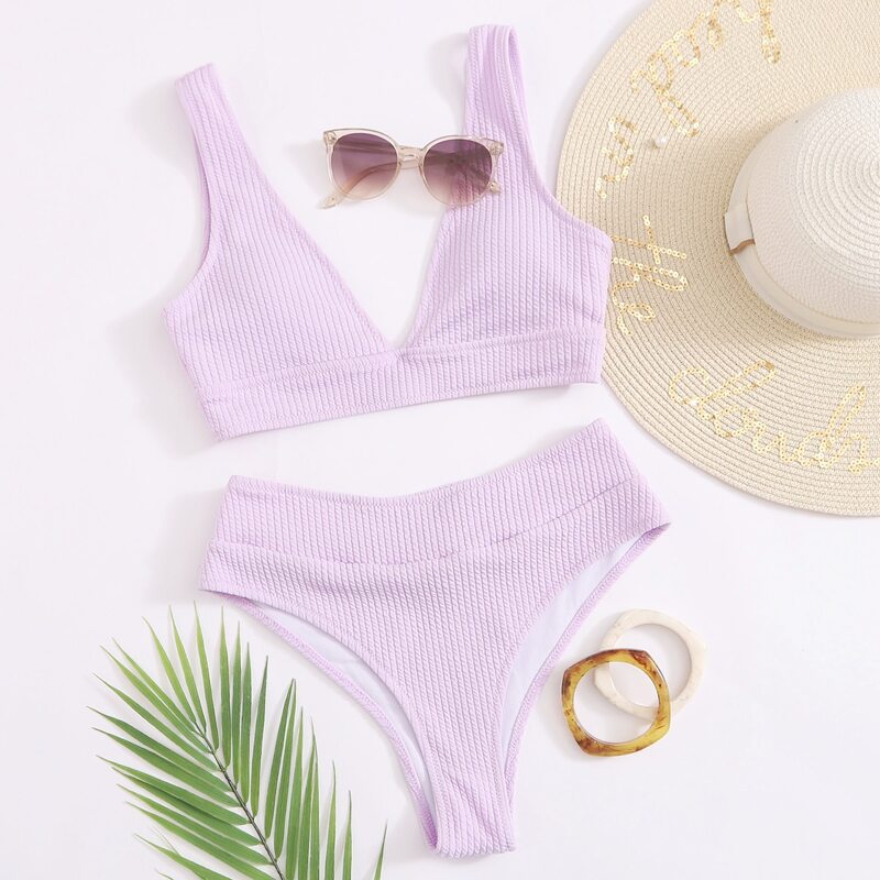 

Textured High Waisted Bikini Swimsuit, Pastel lilac purple