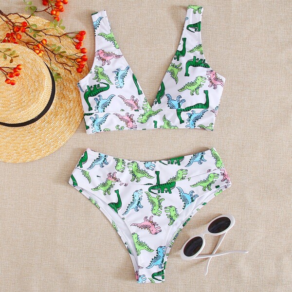 

Cartoon Dinosaur High Waisted Bikini Swimsuit, Multicolor