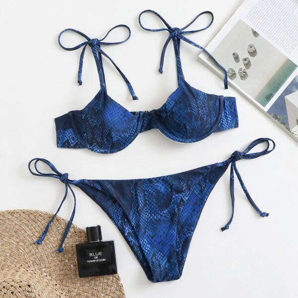 

Snakeskin Underwire Tie Side Bikini Swimsuit, Navy blue