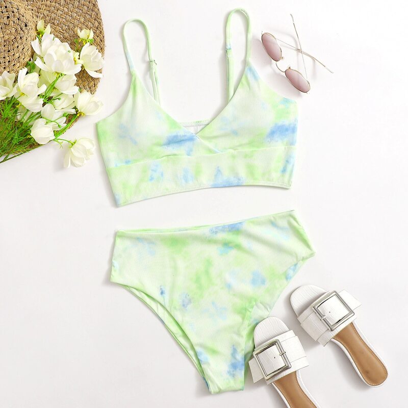 

Tie Dye Rib High Waisted Bikini Swimsuit, Lime green