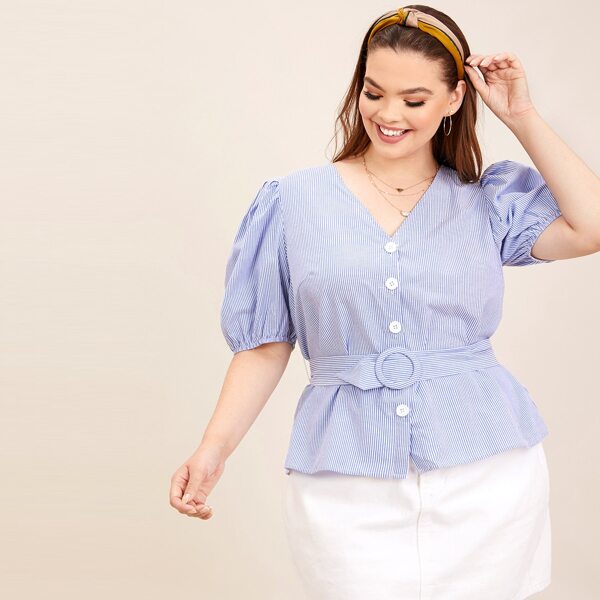 

Plus Puff Sleeve Buckle Belted Striped Blouse, Blue and white