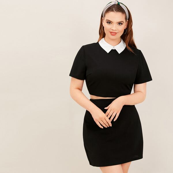 

Plus Contrast Peter-pan-collar Crop Top and Skirt Set, Black