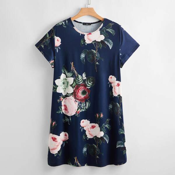 

Plus Floral Print Tee Dress, Navy blue