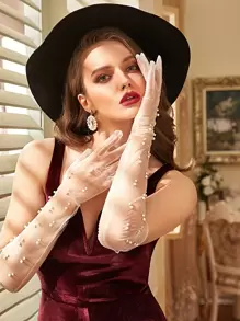 SHEIN Belle Faux Pearl Decor Mesh Gloves - White - View 1