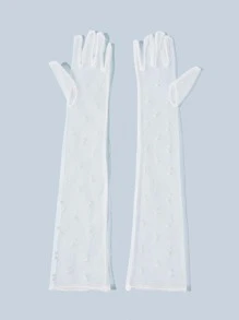 SHEIN Belle Faux Pearl Decor Mesh Gloves - White - View 4