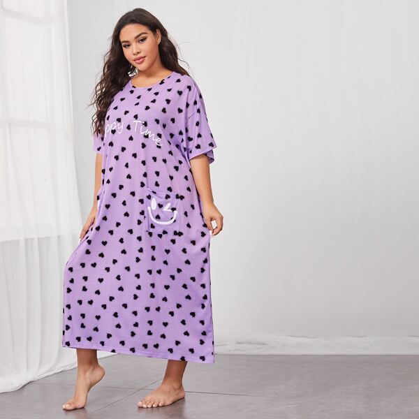 

Plus Allover Heart Print Cartoon Pocket Patched Nightdress, Lilac purple