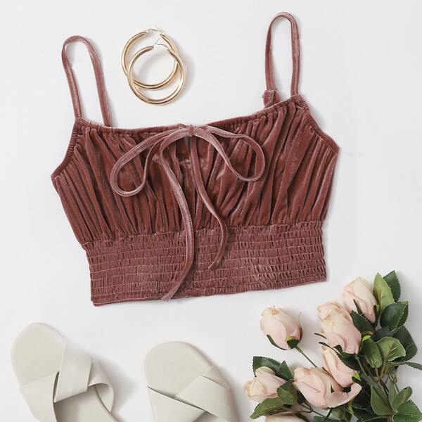 

Tie Front Shirred Velvet Cami Top, Redwood