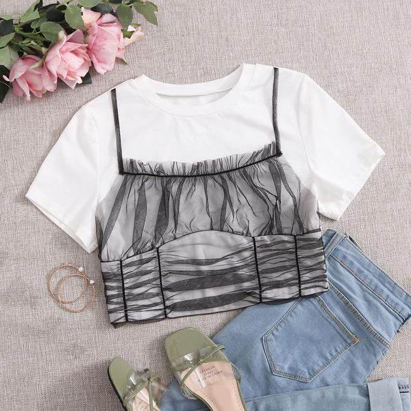 

Frill Trim Ruched Mesh Panel Crop Tee, White
