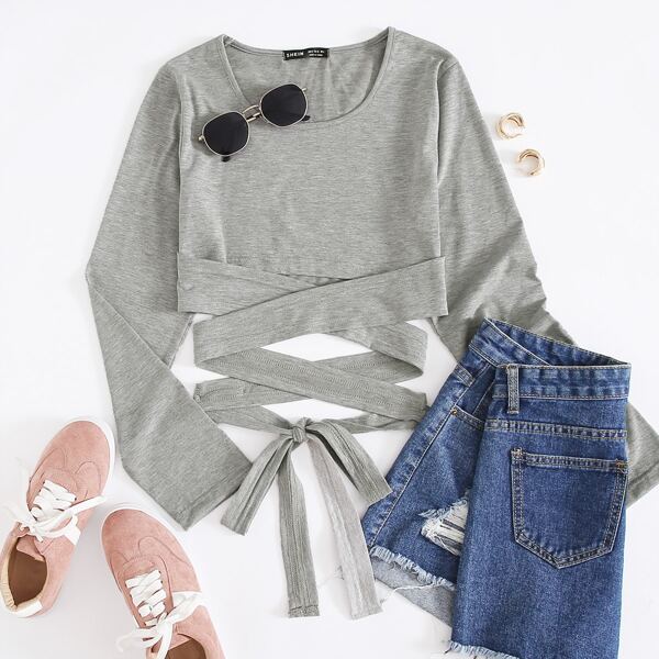 

Lace Up Crop Tee, Grey