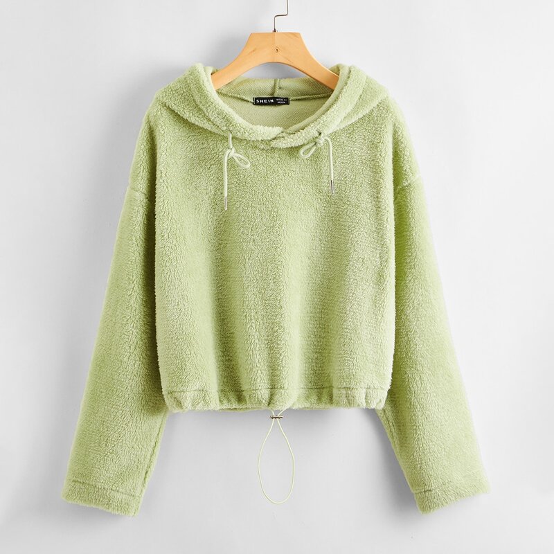 

Drop Shoulder Drawstring Teddy Hoodie, Lime green