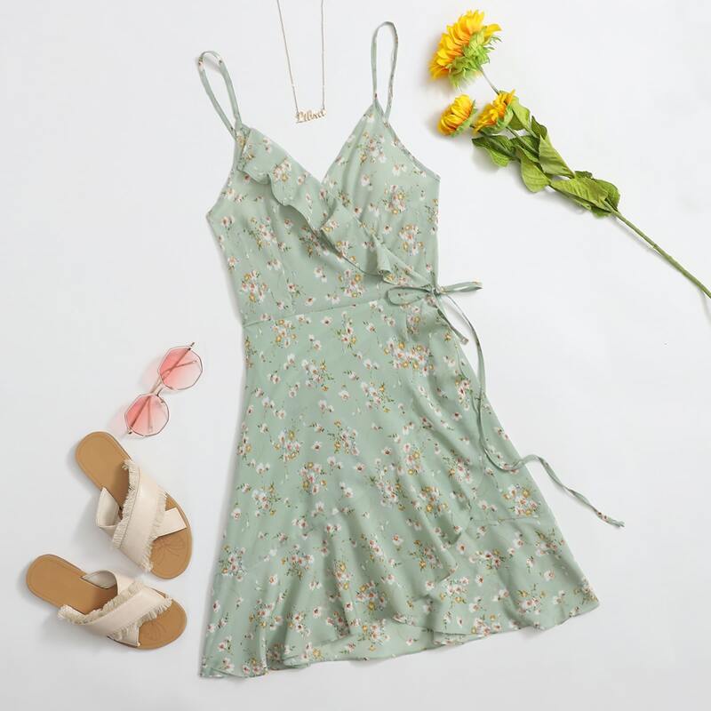 

Ditsy Floral Wrap Ruffle Sundress, Mint green
