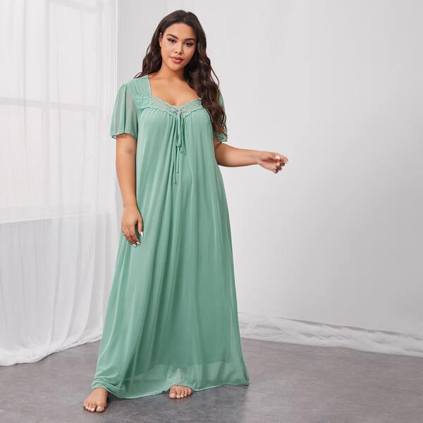 

Plus Sweetheart Neck Tie Front Embroidered Mesh Trim Nightdress, Mint green