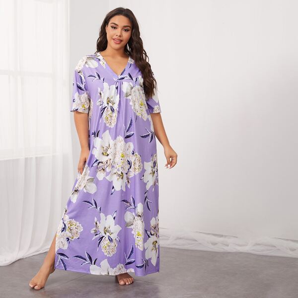 

Plus Floral Print Drop Shoulder Split Side Nightdress, Lilac purple