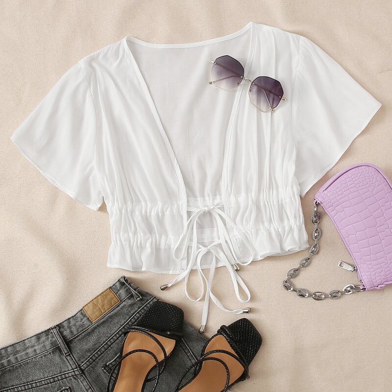 

Drawstring Tie Crop Top, White